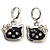 Cute Black Enamel Kitten Drop Earrings (Silver Tone)