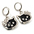 Cute Black Enamel Kitten Drop Earrings (Silver Tone) - view 2