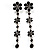 Long Statement Floral Dangle Earrings (Silver&Jet Black) -7cm Drop