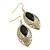Gold Tone Black Enamel Leaf Drop Earrings - 6.5cm Drop
