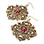 Square Shape Jewelled Filigree Drop Earrings (Burn Gold & Pink) - 7cm Drop