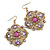 Square Shape Jeweled Filigree Drop Earrings (Burn Gold & Lilac) - 7cm Drop