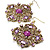 Square Shape Jeweled Filigree Drop Earrings (Burn Gold & Lilac) - 7cm Drop - view 3