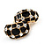 C-Shape Black Enamel Crystal Floral Clip On Earrings In Gold Plated Metal - 22mm Length - view 2