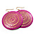 Large Deep Pink Hammered Disk Drop Earrings (Gold Tone) - 5.5cm Diameter
