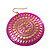Large Deep Pink Hammered Disk Drop Earrings (Gold Tone) - 5.5cm Diameter - view 3