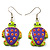 Funky Wooden Turtle Drop Earrings (Light Green & Purple) - 4.5cm Length