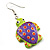 Funky Wooden Turtle Drop Earrings (Light Green & Purple) - 4.5cm Length - view 2
