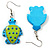 Funky Wooden Turtle Drop Earrings (Light Green & Blue) - 4.5cm Length - view 3