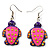 Funky Wooden Turtle Drop Earrings (Deep Pink & Purple) - 4.5cm Length