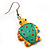 Funky Wooden Turtle Drop Earrings (Yellow & Light Green) - 4.5cm Length - view 3
