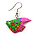 Funky Multicoloured Wood Fish Drop Earrings (Green & Pink) - 3.5cm Length - view 2