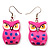 Deep Pink Wood Owl Drop Earrings - 4.5cm Length