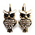 Antique Gold Tone Clear Crystal Owl Drop Earrings