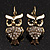 Antique Gold Tone Clear Crystal Owl Drop Earrings - view 2