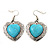 Antique Silver Turquoise Stone Heart Drop Earrings - 4.5cm Drop - view 4
