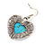Antique Silver Turquoise Stone Heart Drop Earrings - 4.5cm Drop - view 3