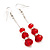 Silver Tone Red Acrylic Bead Diamante Drop Earrings - 6cm Length - view 2