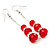 Silver Tone Red Acrylic Bead Diamante Drop Earrings - 6cm Length - view 3