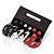 Set of 3 Hoop Earrings (3cm Diameter) & Set of 3 Stud Earrings (7mm Diameter) - (Black, Red & Silver Finish)