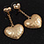 Gold Plated Hammered Double Heart Drop Earrings - 5cm Length - view 2