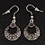 Vintage Hammered Diamante Round Drop Earrings (Burn Silver Metal & Black Crystals) - 4cm Length - view 2