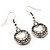 Vintage Hammered Diamante Round Drop Earrings (Burn Silver Metal & Clear Crystals) - 4cm Length - view 2