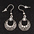 Vintage Hammered Diamante Round Drop Earrings (Burn Silver Metal & Clear Crystals) - 4cm Length - view 5