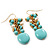 Turquoise Coloured And Simulated Pearl Bead Drop Earrings (Gold Plated Finish) - 6cm Length - view 2