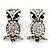 Antique Silver Crystal Owl Stud Earrings - 2.5cm Length - view 2