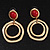 Matt Gold Tone Double Hoop Coral Stone Drop Earrings - 5cm Length