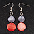 Round Double Shell Drop Earrings (Red/Dark Grey) - 7cm Length - view 4