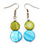 Round Double Shell Drop Earrings (lime green/aqua blue) - 7.5cm Length