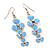 Delicate Triple Flower Light Blue Enamel Drop Earrings (Silver Plated Metal) - 5.5cm Length - view 2