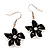 Black Enamel Daisy Drop Earrings (Silver Tone Metal) - 4cm Length