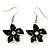 Black Enamel Daisy Drop Earrings (Silver Tone Metal) - 4cm Length - view 2