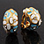 C-Shape Light Blue/White Floral Enamel Crystal Clip On Earrings In Gold Plated Metal - 2cm Length - view 2