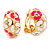C-Shape Deep Pink/White Floral Enamel Crystal Clip On Earrings In Gold Plated Metal - 2cm Length - view 3