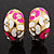 C-Shape Deep Pink/White Floral Enamel Crystal Clip On Earrings In Gold Plated Metal - 2cm Length - view 4