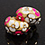 C-Shape Deep Pink/White Floral Enamel Crystal Clip On Earrings In Gold Plated Metal - 2cm Length - view 2