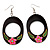 Dark Brown Wood Oval Hoop With Pink Flower Earrings (Silver Tone Metal) - 8cm Drop