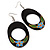 Dark Brown Wood Oval Hoop With Blue Flower Earrings (Silver Tone Metal) - 8cm Drop - view 4