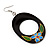 Dark Brown Wood Oval Hoop With Blue Flower Earrings (Silver Tone Metal) - 8cm Drop - view 3