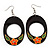 Dark Brown Wood Oval Hoop With Orange Flower Earrings (Silver Tone Metal) - 8cm Drop