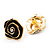 Black Enamel Dimensional Rose Stud Earrings In Gold Metal - 2cm in diameter - view 8