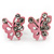 Tiny Light Pink Crystal Enamel 'Butterfly' Stud Earrings In Silver Tone Metal - 10mm Diameter