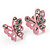Tiny Light Pink Crystal Enamel 'Butterfly' Stud Earrings In Silver Tone Metal - 10mm Diameter - view 2