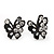 Tiny Black Crystal Enamel 'Butterfly' Stud Earrings In Silver Tone Metal - 10mm Diameter - view 5