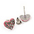 Tiny Light Pink Crystal Enamel 'Heart' Stud Earrings In Silver Plated Metal - 10mm Diameter - view 5