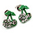 Tiny Green Enamel Diamante Sweet 'Cherry' Stud Earrings In Silver Tone Metal - 10mm Diameter - view 2